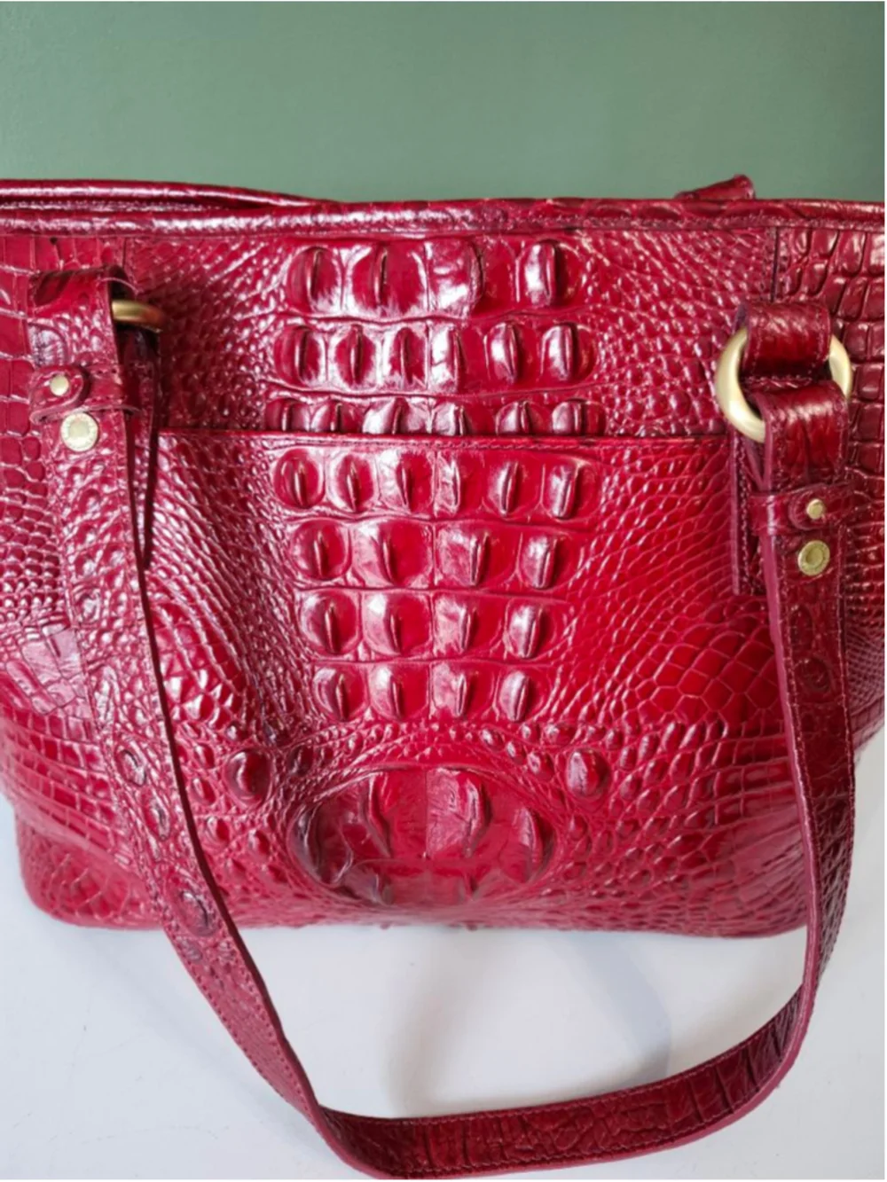 Women's Brahmin Red Croc Embossed Leather Tote Bag One Size